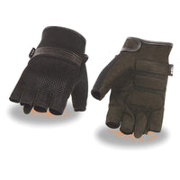 Men's Black ‘Amara Cloth’ Gel Palm Fingerless Motorcycle Hand Gloves W/ Breathable Mesh Material