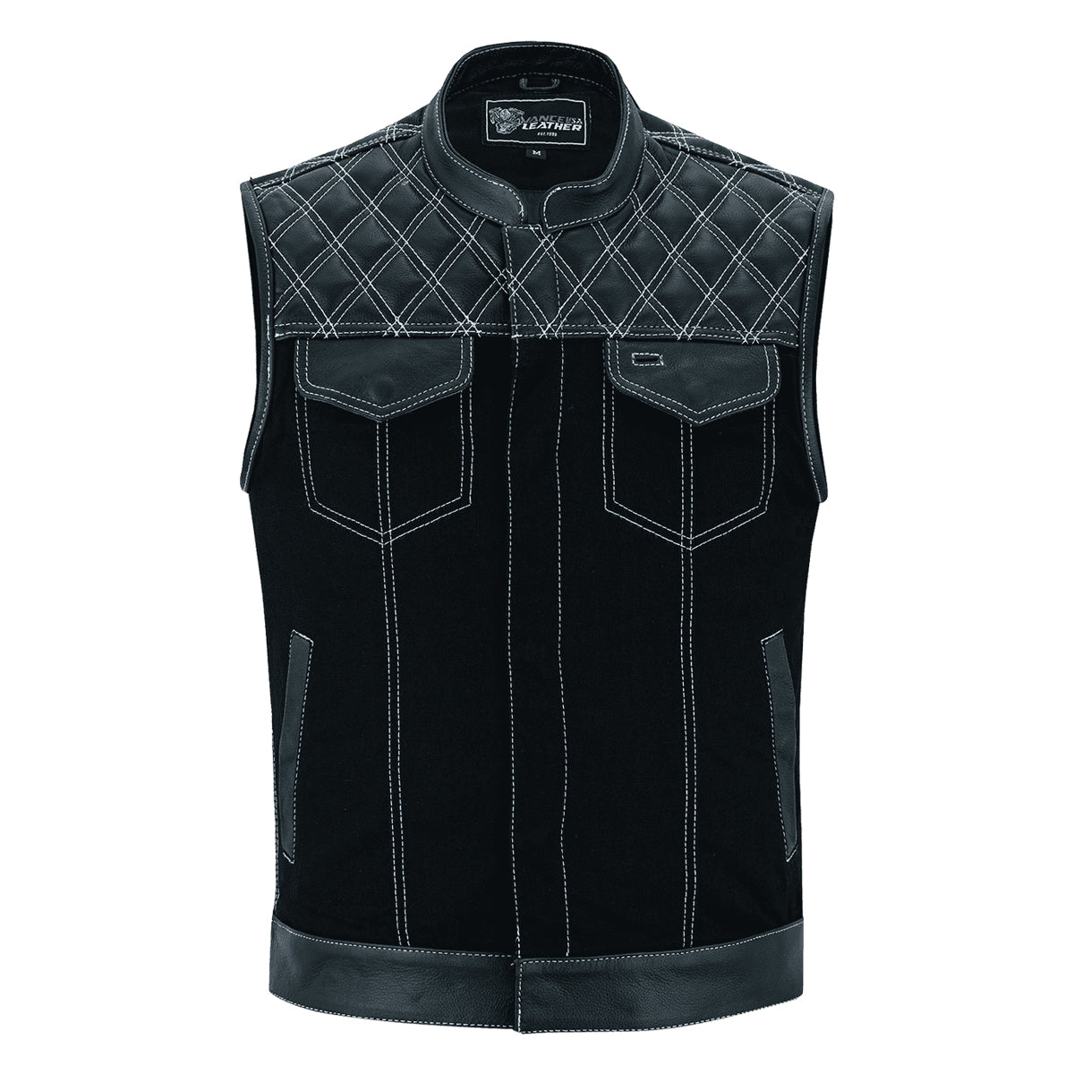 Men's Denim & Leather Motorcycle Vest with Conceal Carry Pockets 