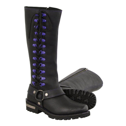 Milwaukee Leather MBL9366 Ladies Black 14 Inch Leather Harness Boots with Purple Accent Lacing