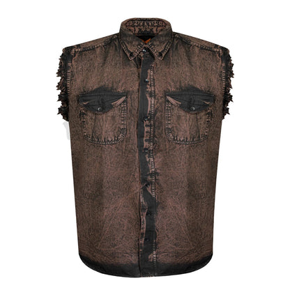 Mens Biker Cut off Cotton Shirt Stonewash Chocolate Brown
