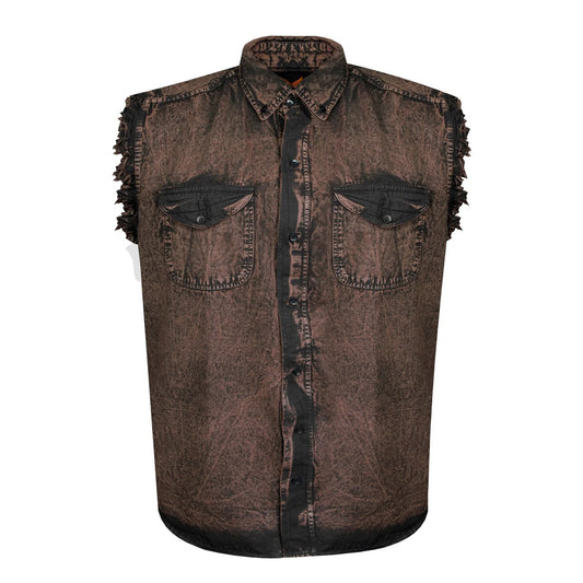 Mens Biker Cut off Cotton Shirt Stonewash Chocolate Brown