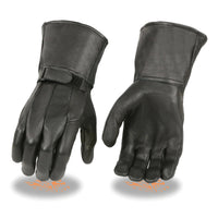 Men's Black Leather Gauntlet Motorcycle Hand Gloves W/ ‘Wrist Strap Closure and Lightly Lined’