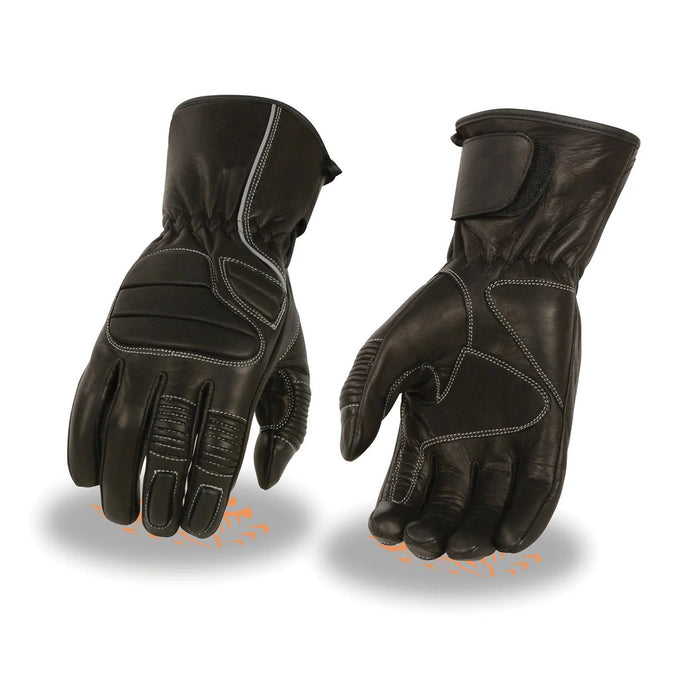 Men's Black Leather Gauntlet Padded Back Racing Motorcycle Hand Gloves W/ Reflective Piping.