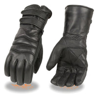 Men's Black Leather Warm Lining Gauntlet Motorcycle Hand Gloves W/ Double Strap Cuff Pull-on Closure