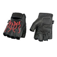 Men's Black Leather Gel Padded Palm Fingerless Motorcycle Hand Gloves W/ ‘Red Flame Embroidered’