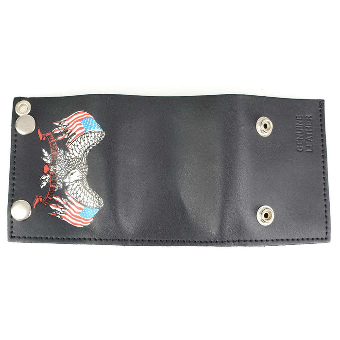 Men's 4” Leather “Eagle w/ Flag” Tri-Fold Wallet w/ Anti-Theft Stainless Steel Chain