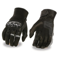 Men's Black Leather Protective Knuckle Racer Motorcycle Gloves W/ Elasticized Reflective Fingers