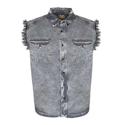 Mens Biker Cut off Cotton Shirt Stonewash Grey