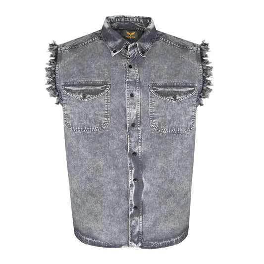 Mens Biker Cut off Cotton Shirt Stonewash Grey