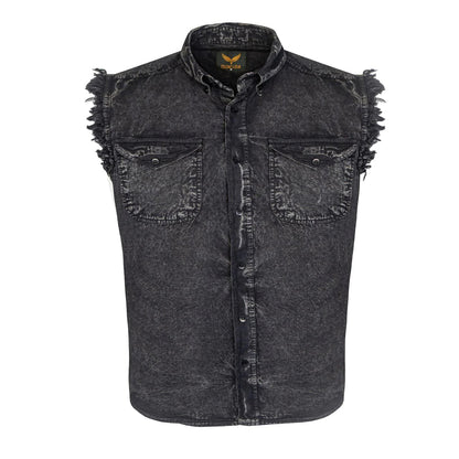Mens Biker Cut off Cotton Shirt Stonewash Black