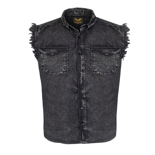 Mens Biker Cut off Cotton Shirt Stonewash Black