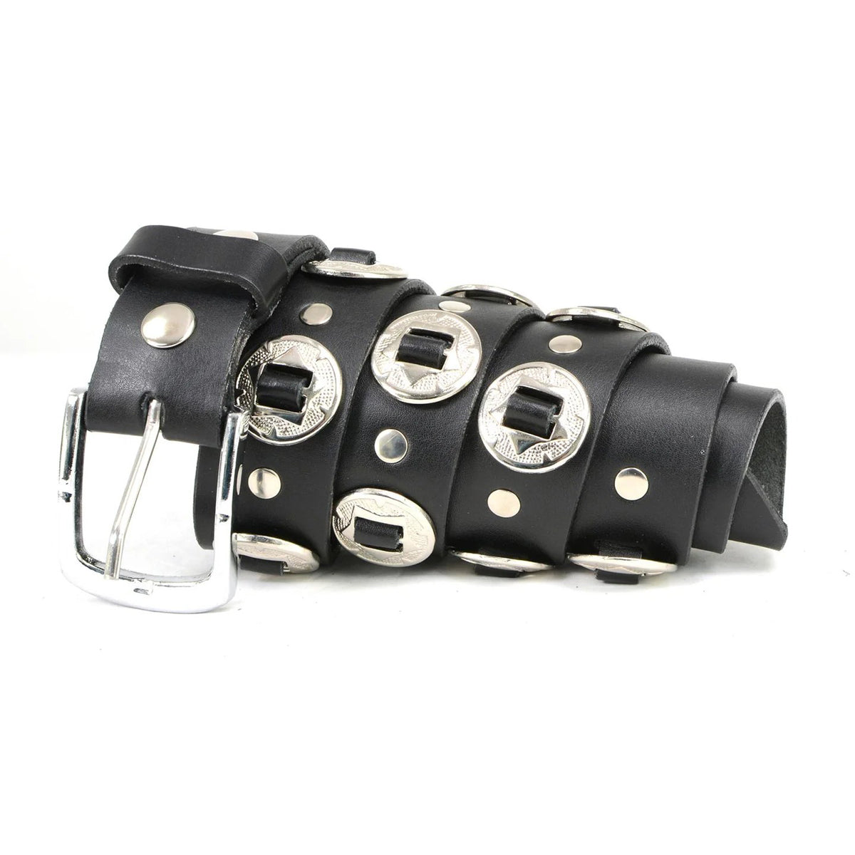 Men's Chrome Conchos - Black Genuine Leather Belt with Interchangeable Buckle - 1.5 inches Wide