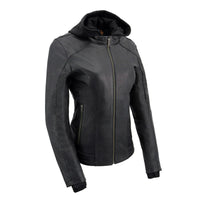 Women's Lightweight Black Leather Jacket with Removable Hoodie