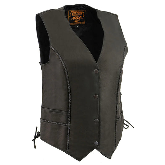 Ladies Black Braided Leather Vest with Side Laces