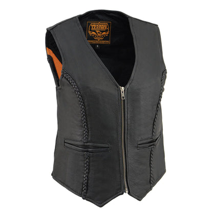 Women's Black Braided Lightweight Motorcycle Leather Vest with Zipper Closure