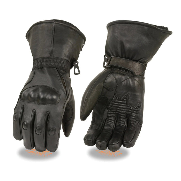 Men's Black Leather Waterproof Gauntlet Gloves with Hard Knuckles