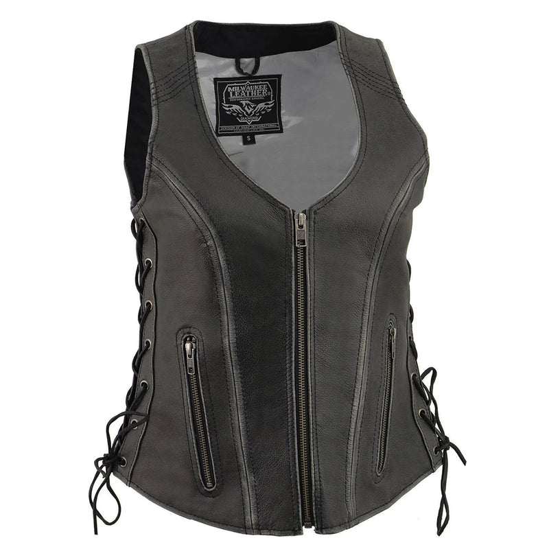Women's Distressed Grey ‘Open Neck’ Leather Vest with Side Laces