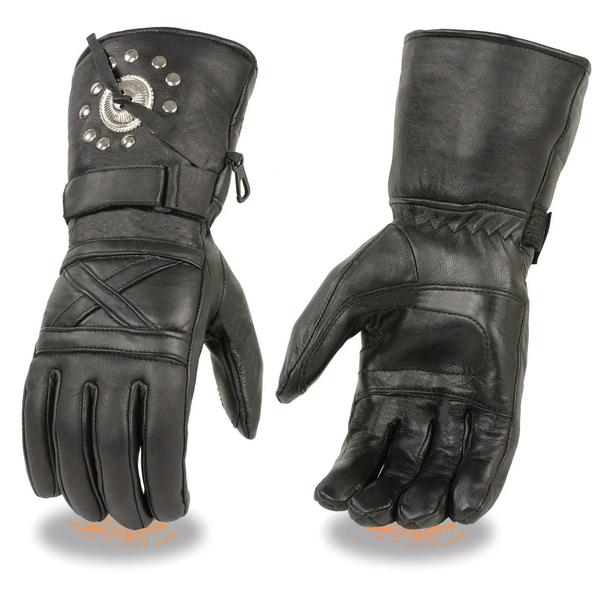 Men's Black Leather Warm Lining Gauntlet Motorcycle Hand Gloves W/ Detailing Cuff and Pull-on Closure