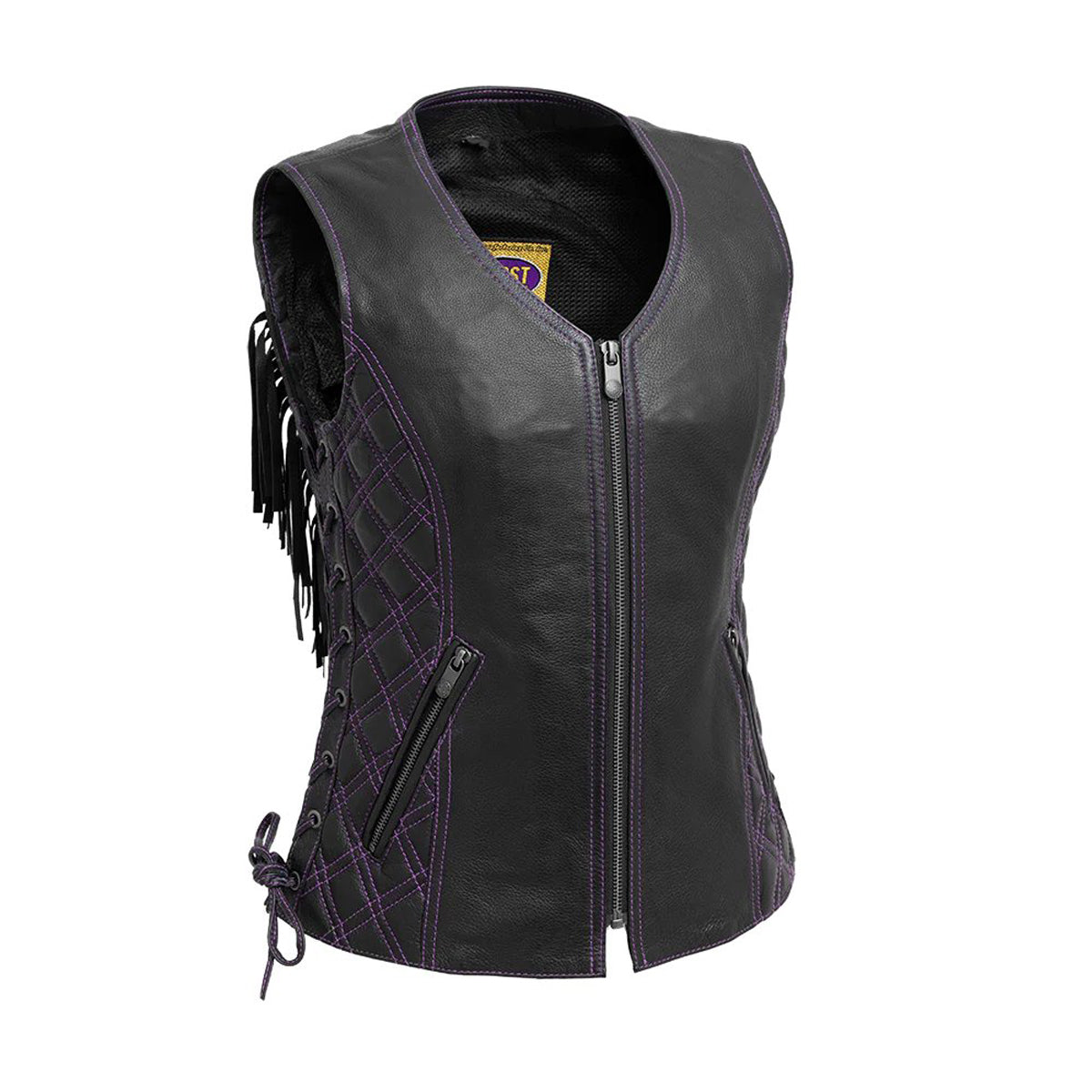 Female leather store motorcycle vest