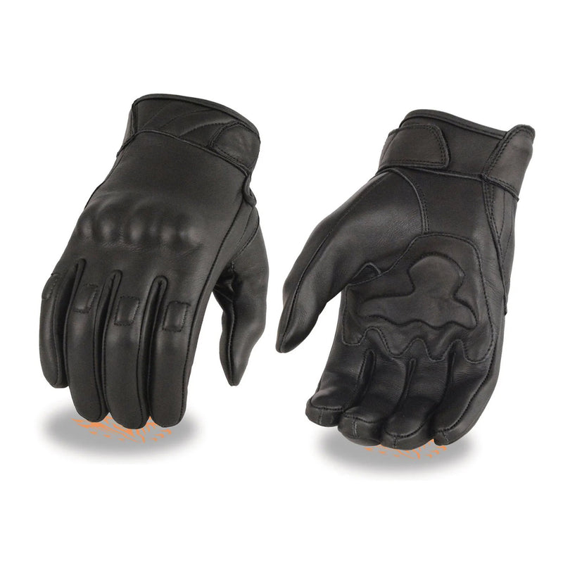 Men's Black Leather Gel Padded Palm Motorcycle Hand Gloves W/ Rubberized Protective Knuckle