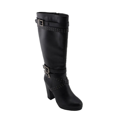 Womens Tall Black Studded Strap Boots with Platform Heel