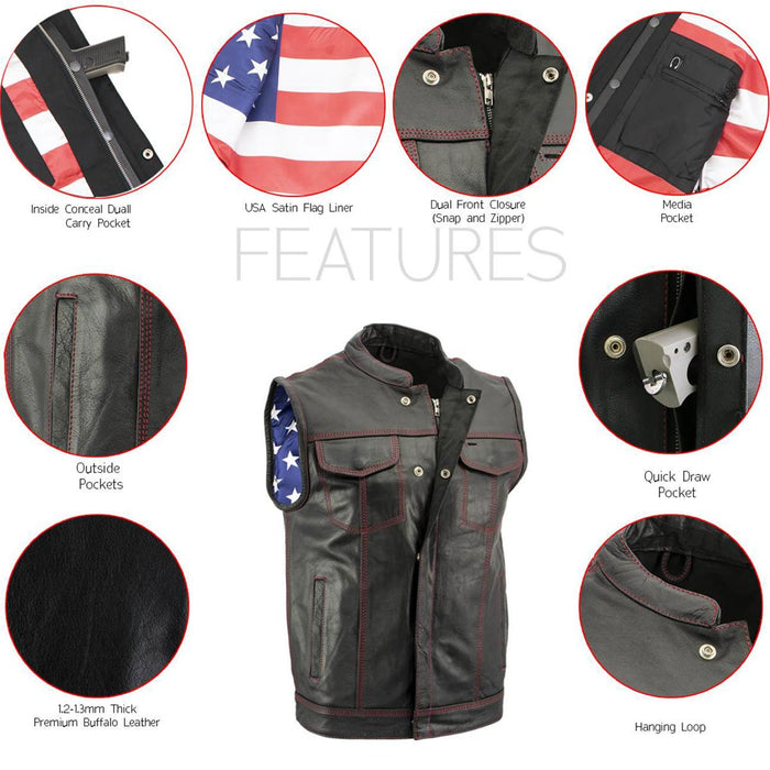 Men's Black Premium Leather Motorcycle Rider Vest w/ Red Stitching and USA Inside Flag Lining
