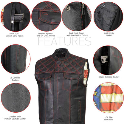 Men's Classic Black Premium Leather Motorcycle Vest with USA Flag Liner