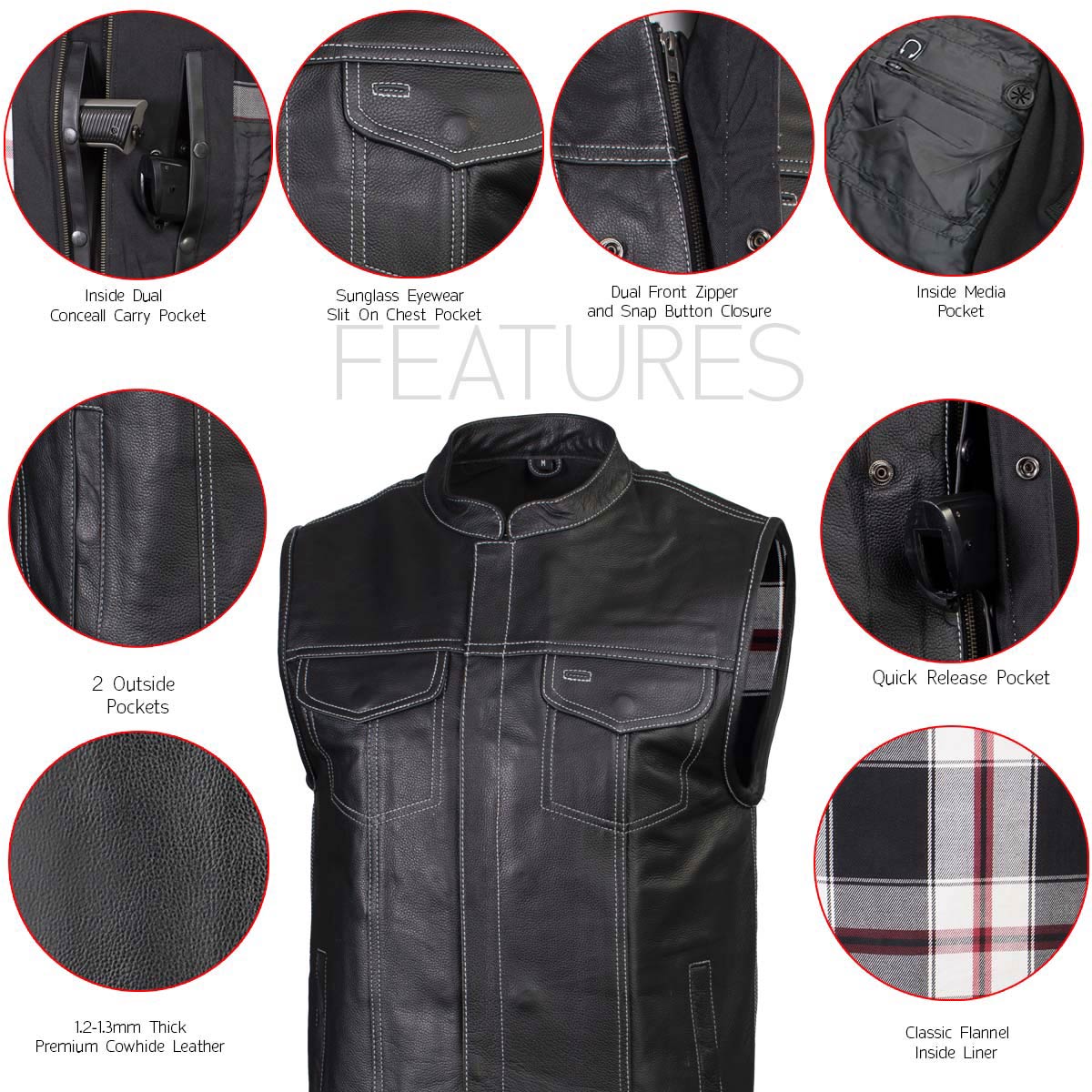 Men's Classic Black Leather Motorcycle Vest with Inside Flannel Liner