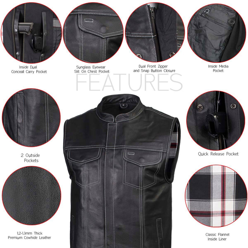 Men's Classic Black Leather Motorcycle Vest with Inside Flannel Liner