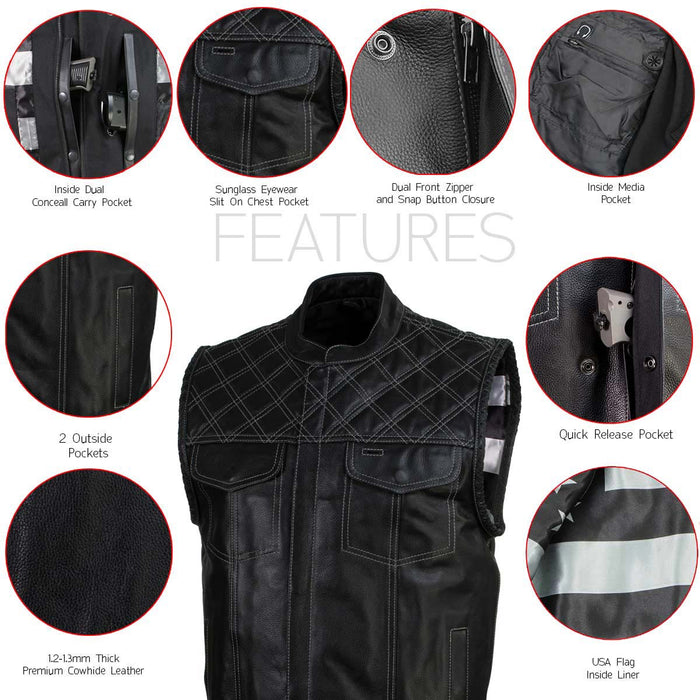 Men's Classic Black Leather Motorcycle Rider Vest Stars and Stripes Design w/ USA Flag Liner