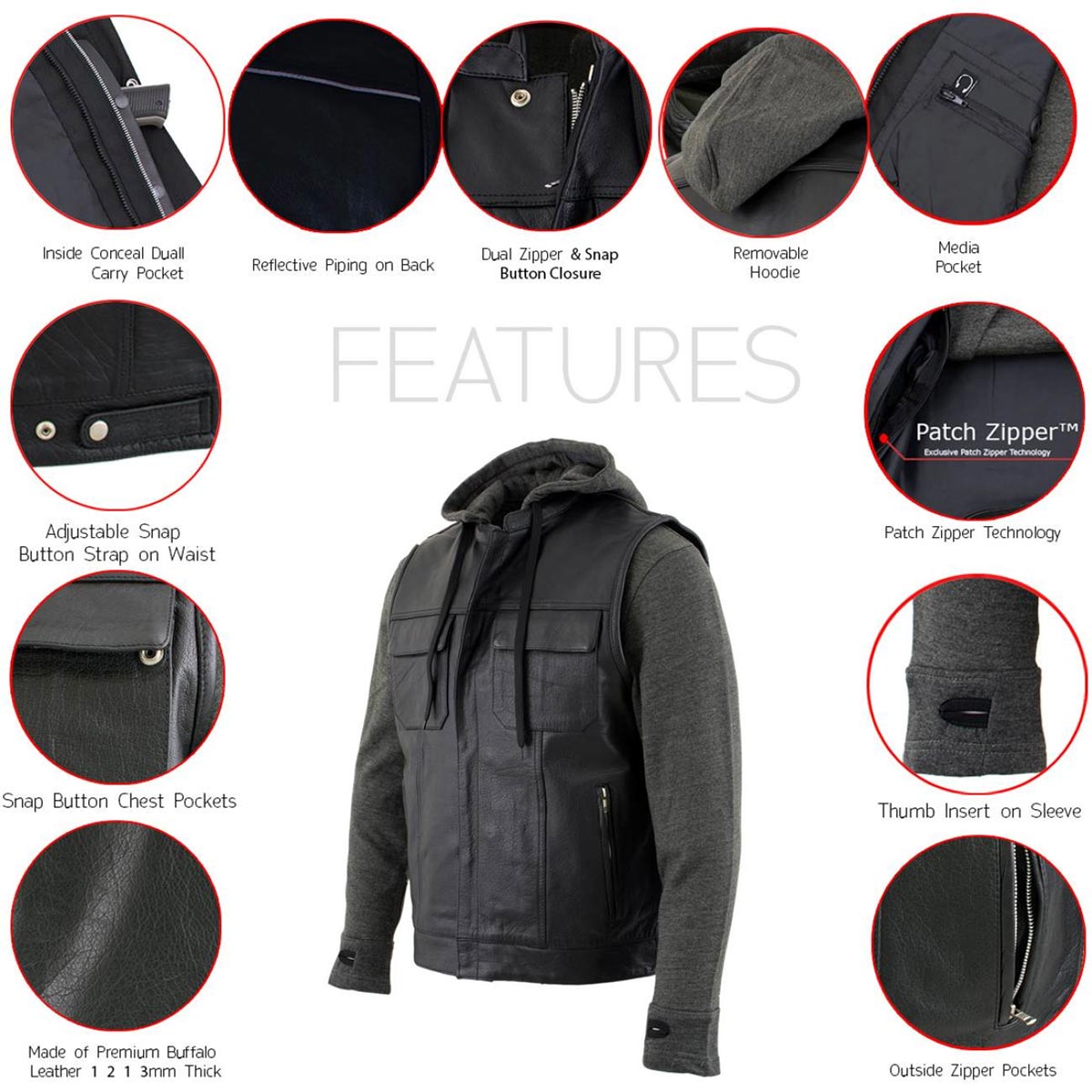 Men's 2 in 1 Classic Black Premium Leather Motorcycle Hoodie Jacket w/ Convertible Vest