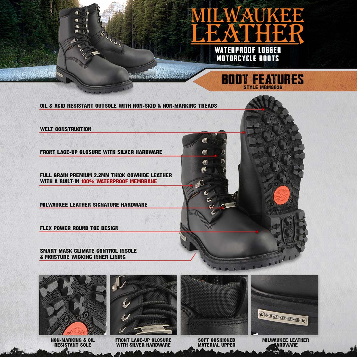Men's 7-inch Lace to Toe Waterproof Leather Boots Black Wide Width