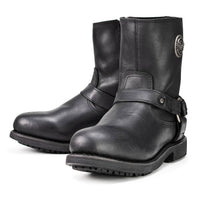 Men's Black Leather Short Harness Motorcycle Boots with Inside Zipper