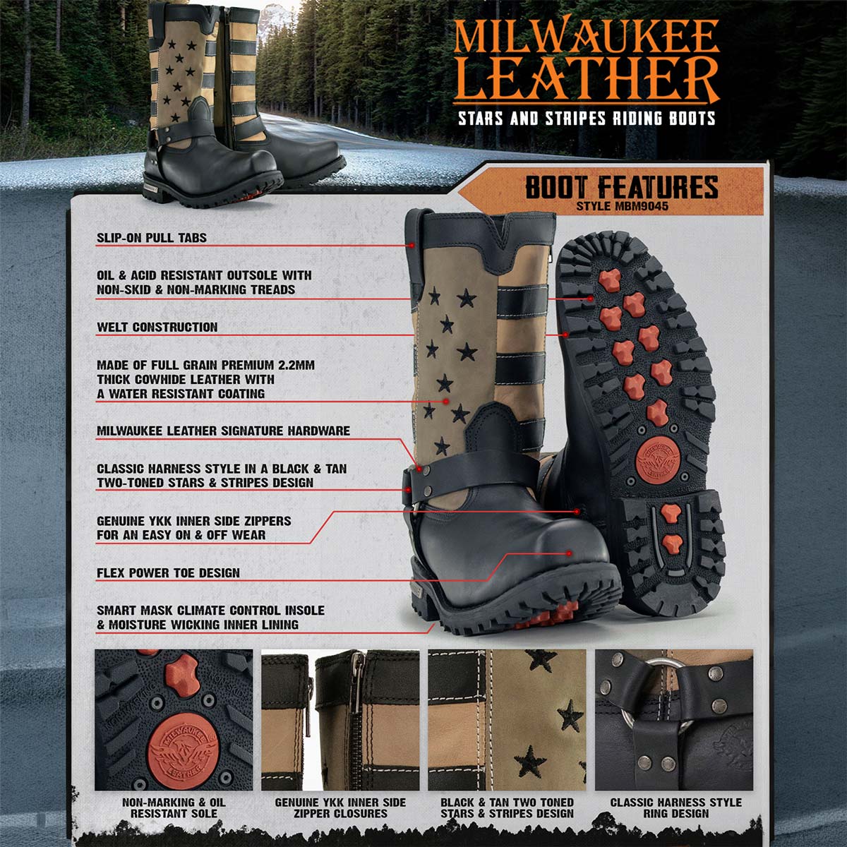 Men's Stars and Stripes Motorcycle Harness Boots Distressed Brown