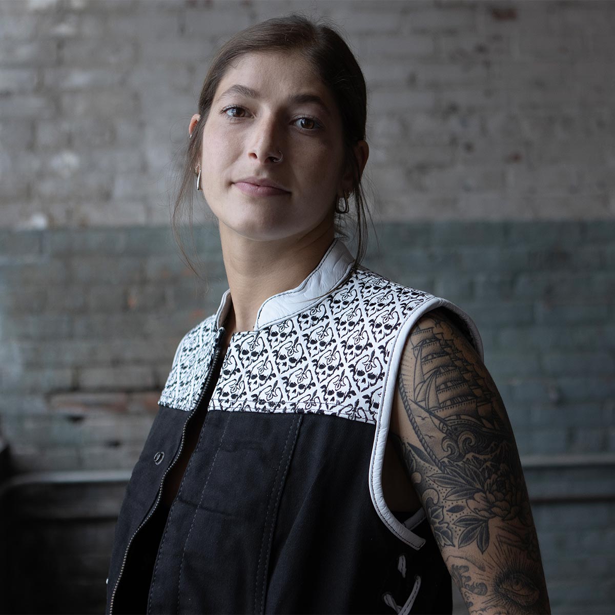 Women's 'Skelly' Black with White Motorcycle Denim Vest w/ Skull Embroidery
