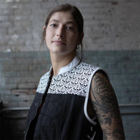 Women's 'Skelly' Black with White Motorcycle Denim Vest w/ Skull Embroidery
