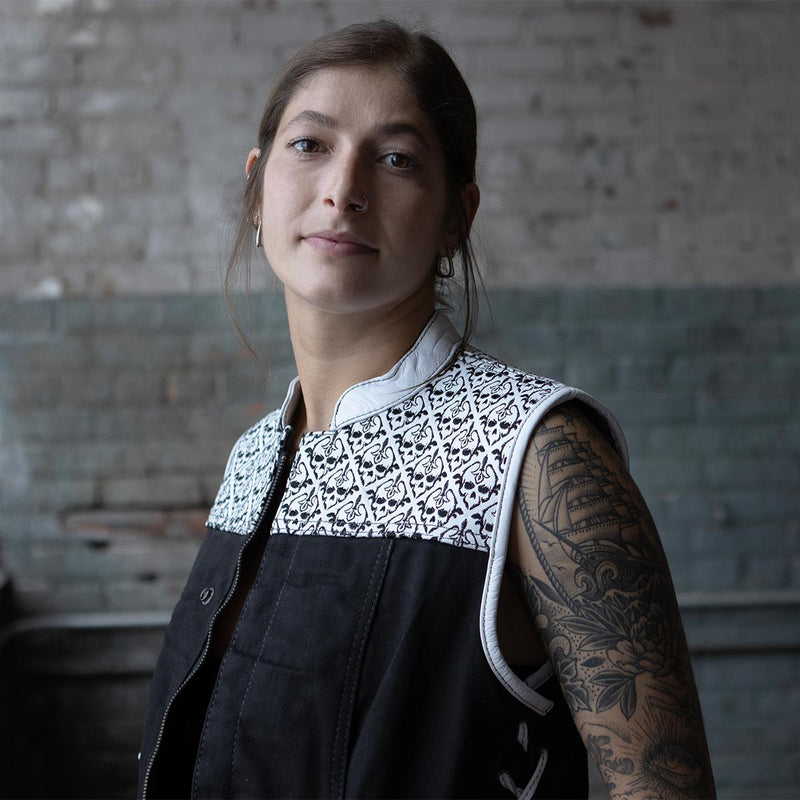 Women's 'Skelly' Black with White Motorcycle Denim Vest w/ Skull Embroidery
