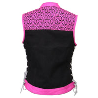 Women's 'Skelly' Black with Pink Motorcycle Denim Vest w/ Skull Embroidery