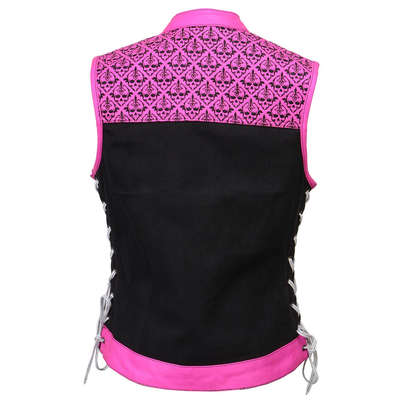 Women's 'Skelly' Black with Pink Motorcycle Denim Vest w/ Skull Embroidery