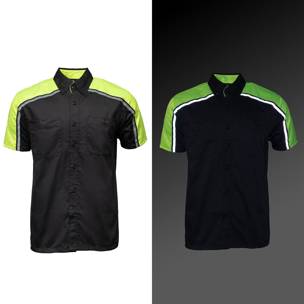 Men's Black and Neon-Green Button Up Mechanic Shirt w/ Reflective Stripe