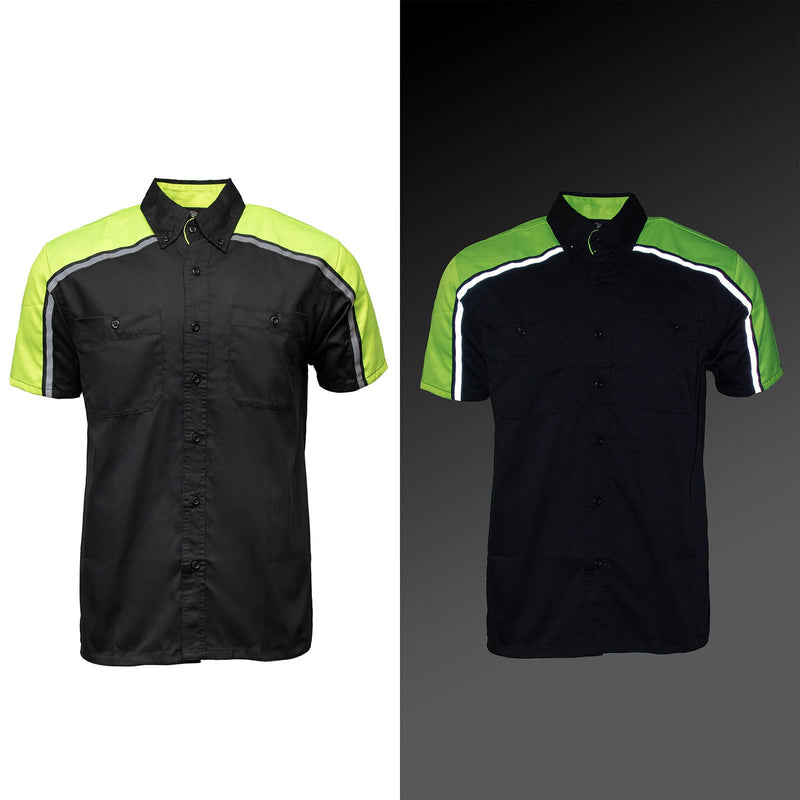 Men's Black and Neon-Green Button Up Mechanic Shirt w/ Reflective Stripe