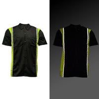 Men's Black and Neon-Green Button Up Mechanic Shirt w/ Reflective Stripe