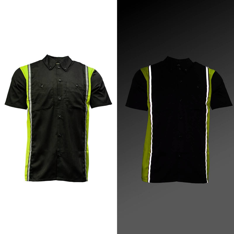 Men's Black and Neon-Green Button Up Mechanic Shirt w/ Reflective Stripe