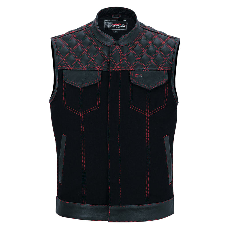 Men's Denim & Leather Motorcycle Vest with Conceal Carry Pockets, SOA Biker Club Vest Red Stitching, Diamond Padding, Snap & Zipper Closure