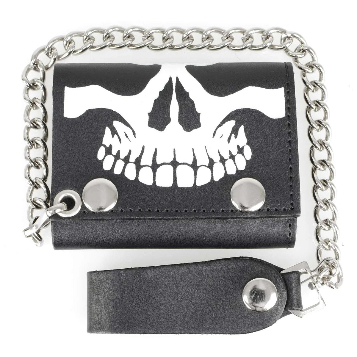 Men's 4” Leather “Skeleton Teeth” Tri-Fold Wallet w/ Anti-Theft Stainless Steel Chain