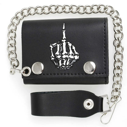 Men's 4” Leather “Skeleton Finger” Tri-Fold Wallet w/ Anti-Theft Stainless Steel Chain