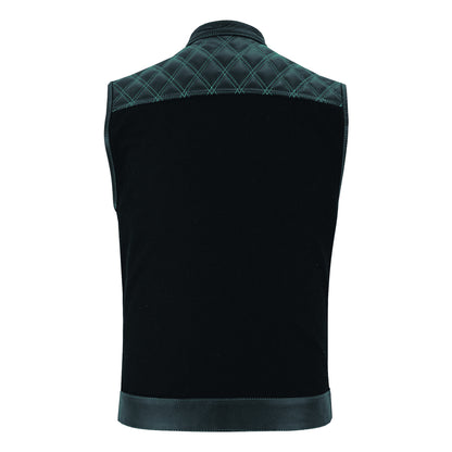Men's Denim & Leather Motorcycle Vest with Conceal Carry Pockets, SOA Biker Club Vest Green Stitching, Diamond Padding, Snap & Zipper Closure