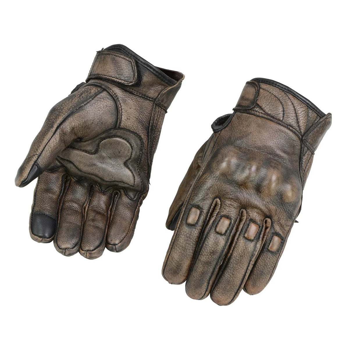 Men's Brown Leather i-Touch Screen Compatible Gel Palm Motorcycle Gloves W/ Protective Knuckle