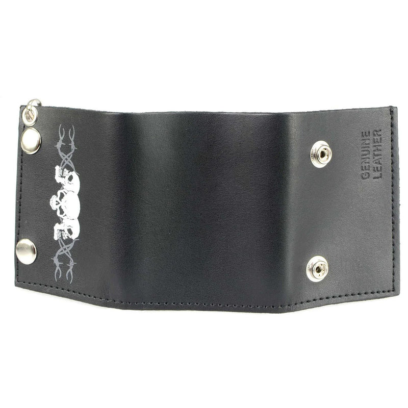 Men's 4” Leather “Triple Skull” Tri-Fold Wallet w/ Anti-Theft Stainless Steel Chain