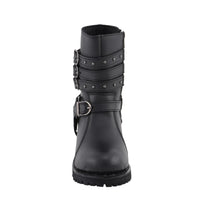 Womens 9 Inch Black Triple Buckle Leather Harness Boot with Side Zipper Entry